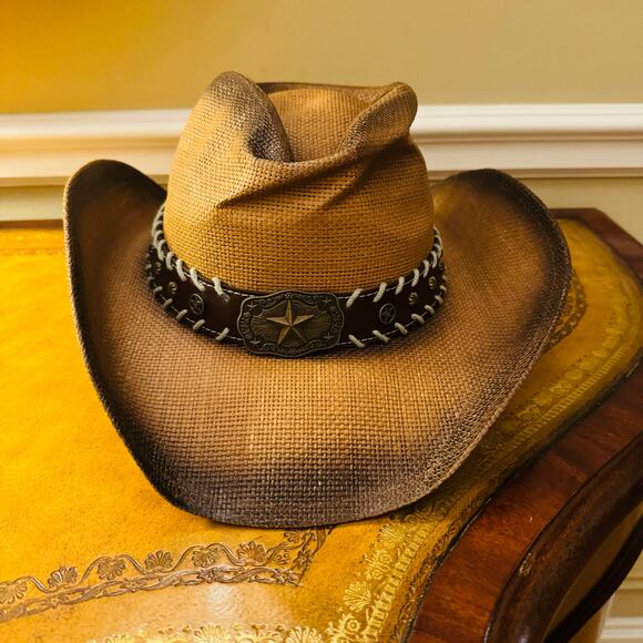 Paper Straw Brown Cowboy Hat with Star Leather Laced Band NEW - Picture 6 of 10
